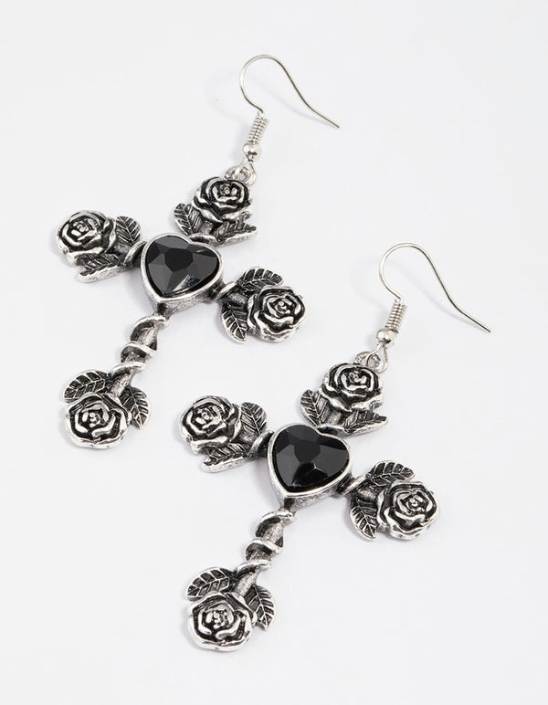 Antique Silver Rose & Heart Drop Earrings