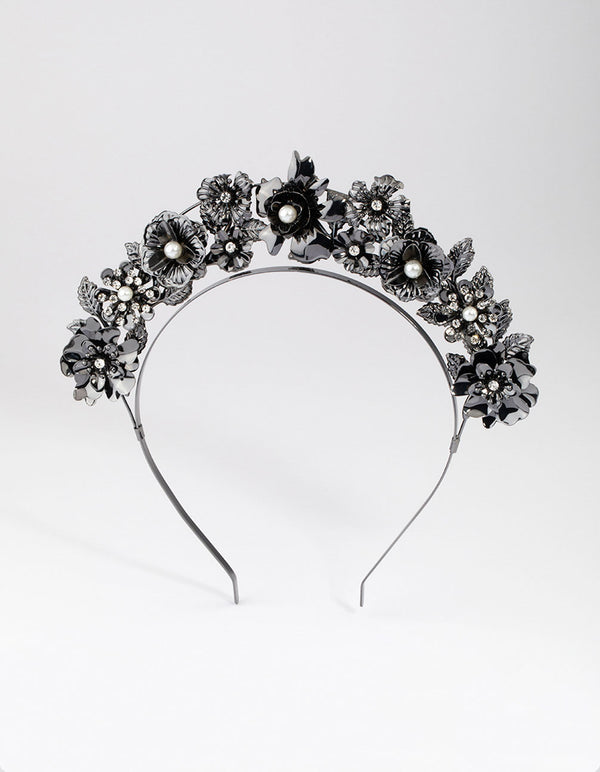 Gunmetal 3D Flower & Pearl Headband