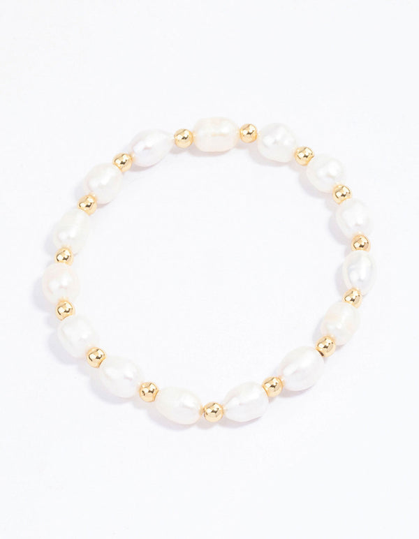 Gold Plated Beaded & Freshwater Pearl Stretch Bracelet - Lovisa