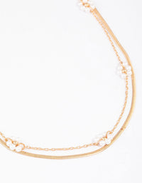 Gold Layered Chain Pearly Flower Necklace - link has visual effect only