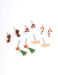 Gold HoHo & Santa Christmas Stud Earrings 5-Pack - link has visual effect only