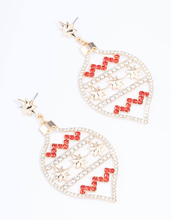 Diamante Red & Gold Bauble Drop Earrings