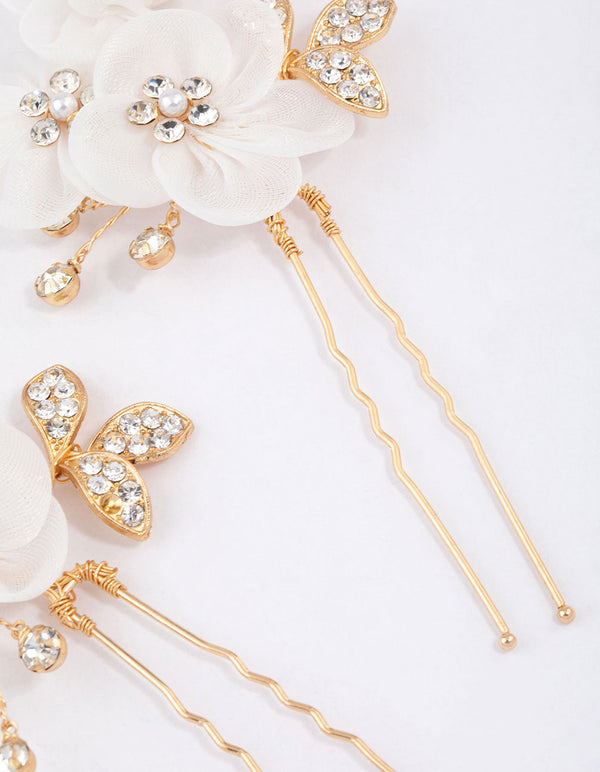 Gold Triple Flower Diamante Hair Pin Pack - Lovisa
