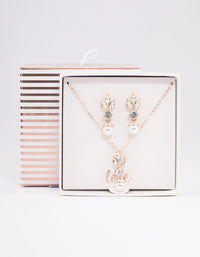 Rose Gold Leafy Diamante & Pearl Jewellery Set - link has visual effect only