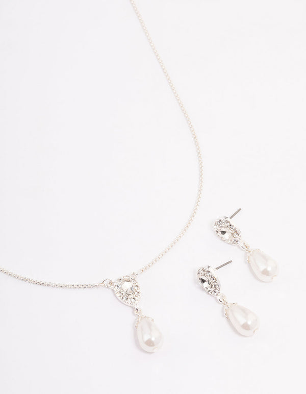 Silver Pearl Halo Drop Jewellery Set