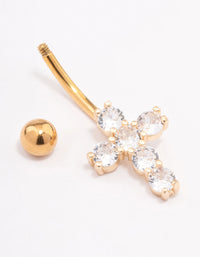 Gold Plated Surgical Steel Round Cubic Zirconia Cross Belly Ring - link has visual effect only