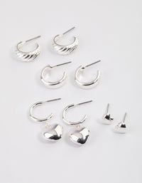 Silver Puffy Heart & Hoop Earrings 4-Pack - link has visual effect only