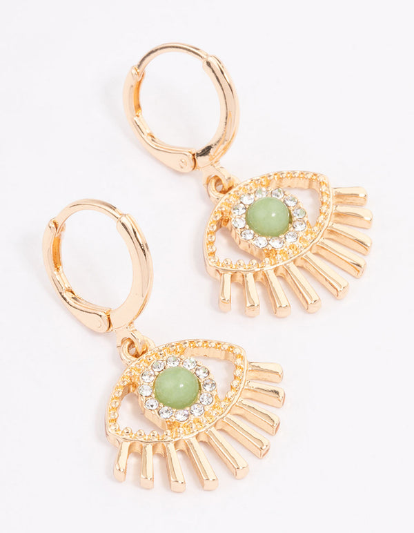 Gold Green Aventurine Diamante Eye Huggie Earrings