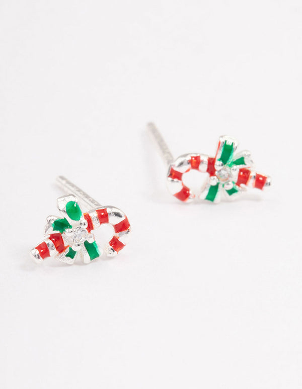 Sterling Silver Red Candy Cane Stud Earrings