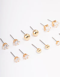 Gold Cubic Zirconia & Ball Stud Earrings 6-Pack - link has visual effect only