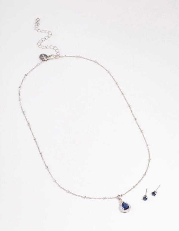 Rhodium Cubic Zirconia Sapphire Earring & Necklace Set - Lovisa