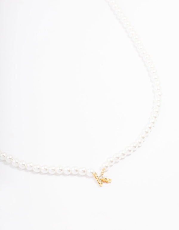 Gold Plated Letter K Initial & Pearl Pendant Necklace