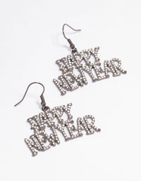 Gunmetal Happy New Year Diamante Drop Earrings - link has visual effect only