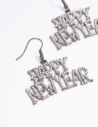 Gunmetal Happy New Year Diamante Drop Earrings - link has visual effect only