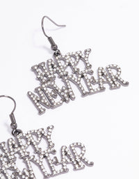 Gunmetal Happy New Year Diamante Drop Earrings - link has visual effect only