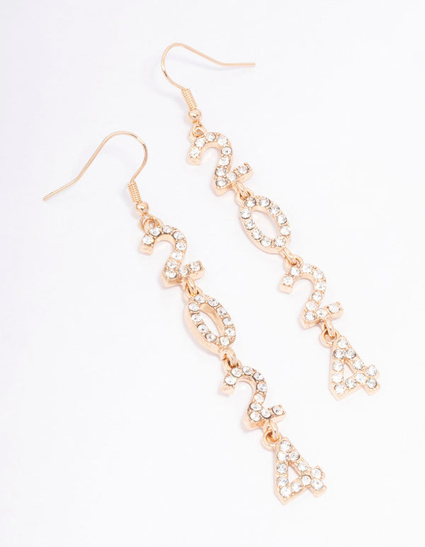 Gold 2024 Diamante Long New Years Drop Earrings